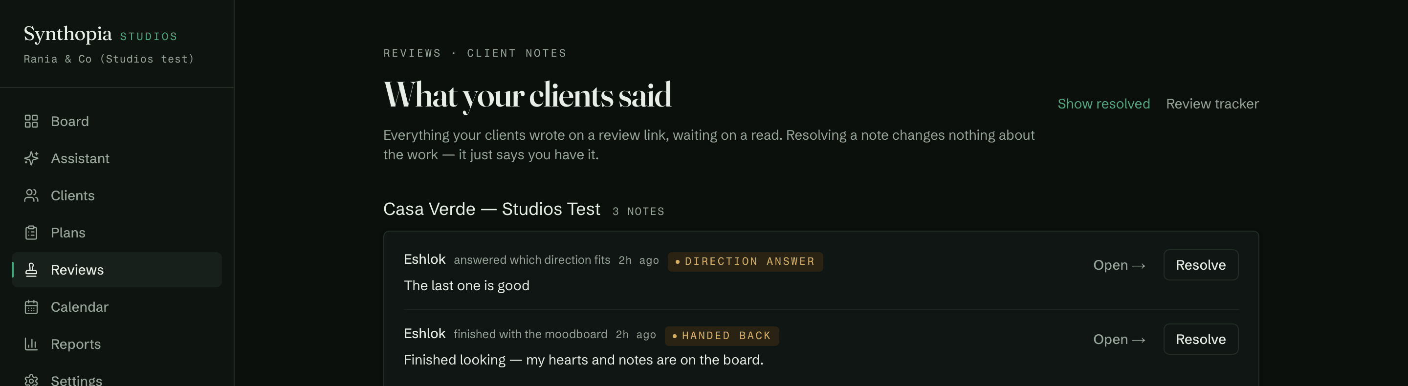 The client notes inbox: comments grouped by client with the surface they were written on and a resolve action.