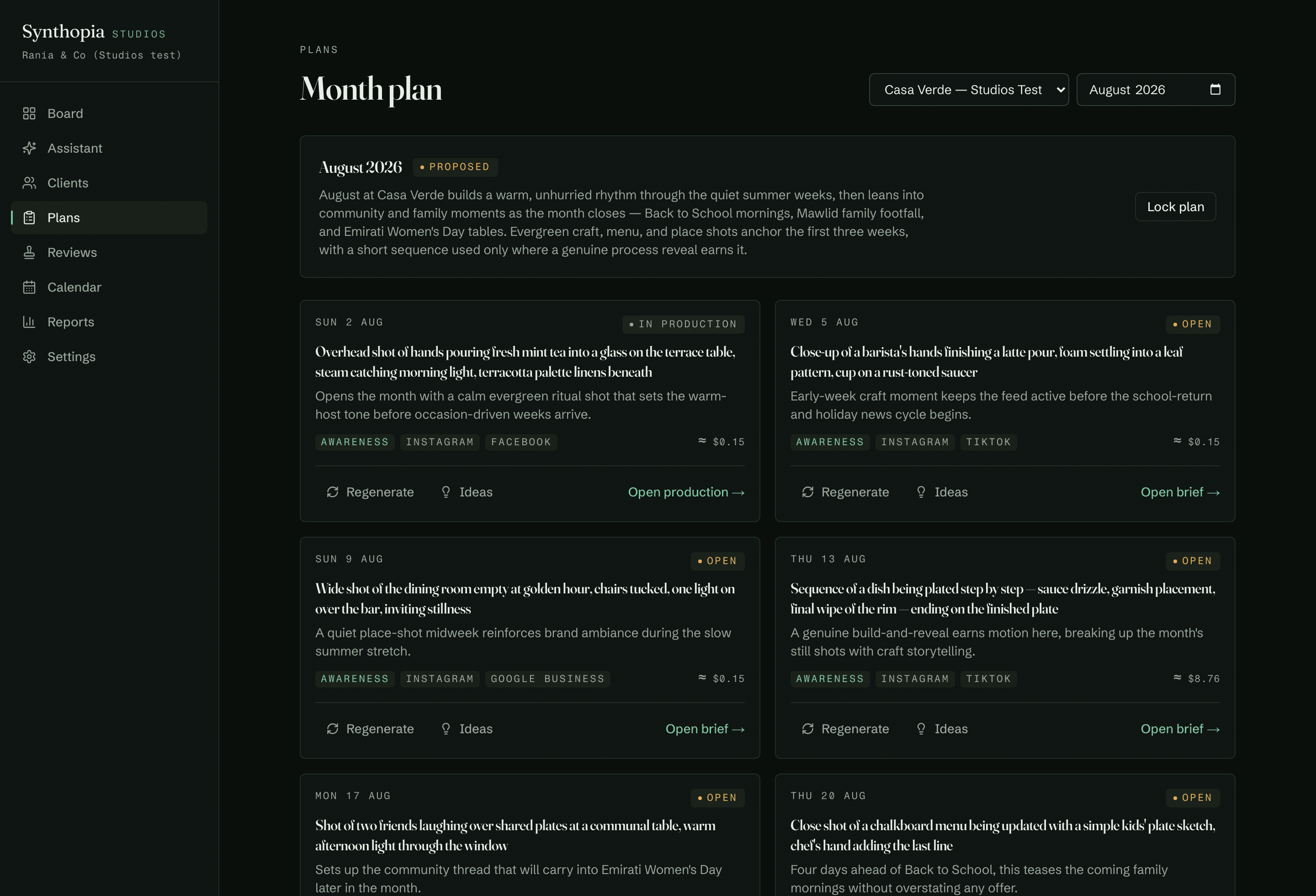 The month planner in the Synthopia Studios console: August 2026 for a client, with dated concept cards, objectives, channels and a projected render cost on each.