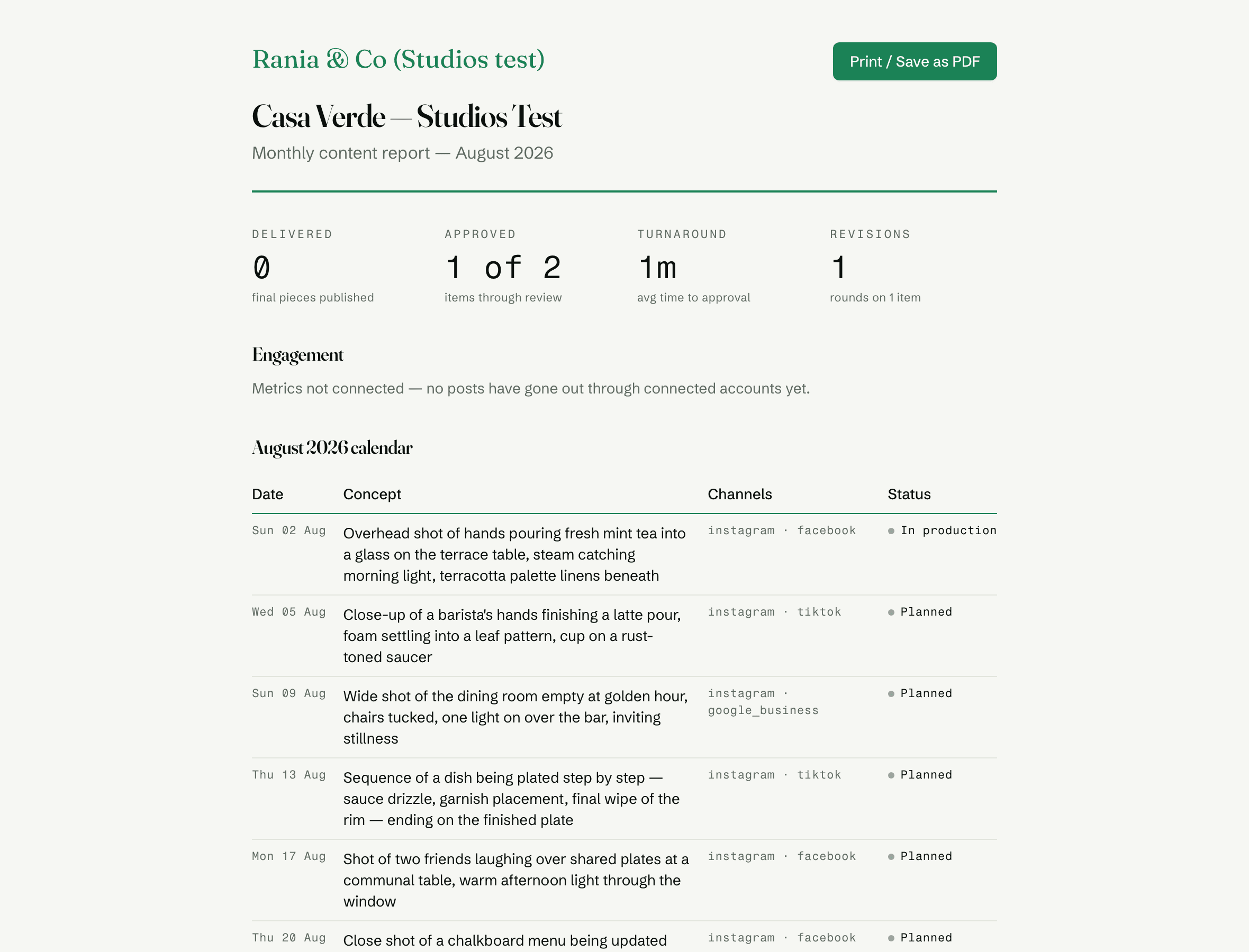 A white-label monthly report headed with the agency's name in their brand colour: delivered, approved, turnaround and revisions, then the month's calendar.